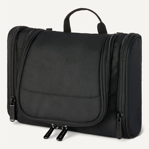 Amazon Essentials Spacious Toiletry Bag, Hanging Cosmetic Dopp Kit with Multiple Compartments, Durable 1680D Polyester, Large Capacity Storage, Compact Design, Black (Previously Amazon Basics)