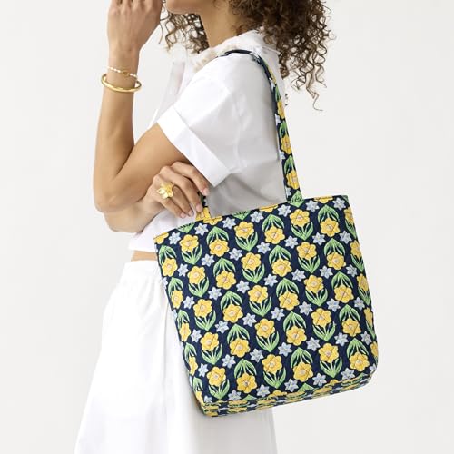 Vera Bradley Women's Premium Cotton Small Original Zip Tote Bag, Daffodils, One Size