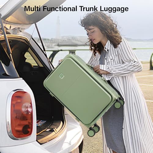 Hanke 24 Inch Luggage with Cup Holder and Charge,Top Opening Hard Shell Suitcases with Wheels and Dividers,Aluminum Frame Trunk Luggage Medium Checked Suitcase with Lock for Travel，Bamboo Green