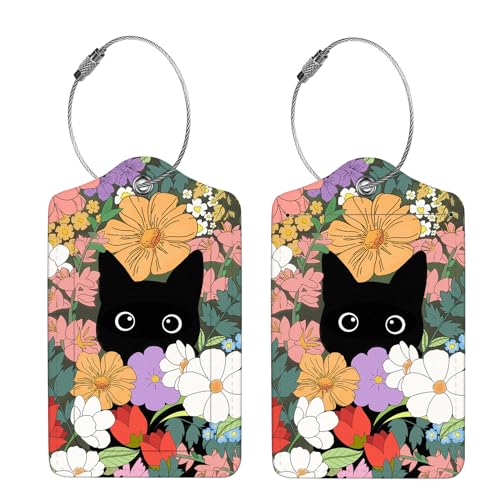 2 Pcs Luggage Tags for Suitcases, PU Leather Cruise Ship Luggage Tags with Privacy Cover Label Address Card and Durable Metal Ring Suitable for Men Women Handbags Backpacks,Flower Bushes and Cats