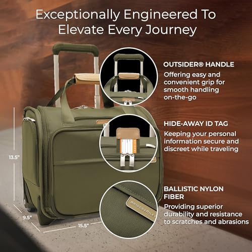 Briggs & Riley 2-Wheel Cabin Bag - Carry On Luggage for Travel, Suitcases with Wheels, Softside Rolling Bag for Men & Women, Interlocking Handle, Self-Repairing Zipper - Baseline Collection, Olive