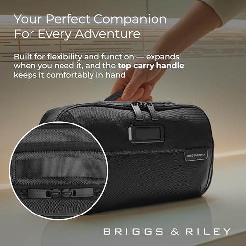Briggs & Riley Expandable Essentials Kit - Toiletry Travel Bags for Women & Men, Organizer for Vacation, Compact Dopp Kit for Bathroom Accessories, Makeup, & Skincare - Baseline Collection, Black