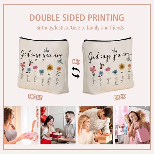 Girlly Christian Mom Gifts For Women, God Says You Are Scripture Makeup Bag, Inspirational Bible Verse Cosmetic Bag, Affirmations & Encouragement Gifts, Flower Bird Themd Pouch for Women Girls.