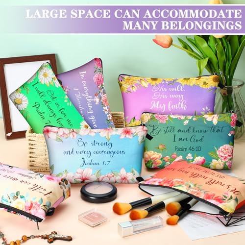 Chunful 12 Pcs Inspirational Christian Gifts Religious Makeup Bags Bulk for Women Bible Verse Flower Cosmetic Bag Gift for Church Ladies, 7.48 x 4.72 Inch(Stylish)