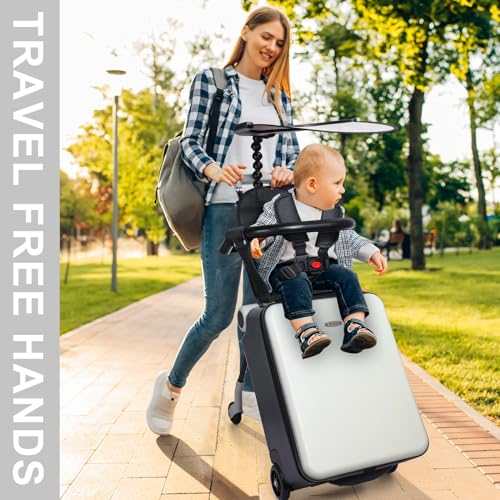 Bulyoou Carry on Luggage with Seat for Kids Expandable Ride on Suitcase with Spinner Wheels and Locks for Travel (White)