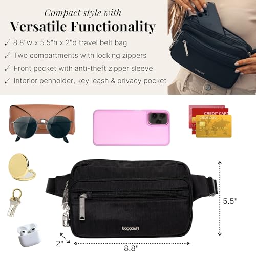 Baggallini Securtex Anti-theft Belt Bag 8.8"x5.5" Crossbody Fanny Pack for Women RFID Wallet Locking Zipper Travel Purse