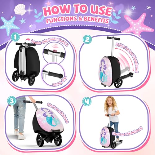 Baotree Scooter Suitcase for Kids, 2 in 1 Ride-on Luggage with Flash PU Wheels, Adjustable Handle & TPR Non-Slip Grip, Foldable & Lightweight, Ages 5-12