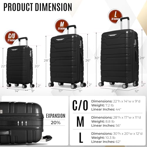 Gabbiano Unbreakable Hardshell PP Luggage Set 5 Year Warranty Extra Large with 8 Wheels Thick Shell Multi Layer PP 3 Piece Set, 22, 28, 30 Inch (Black)