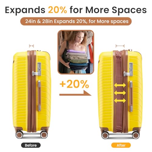 Merax Luggage Set of 4, Expandable Lightweight Suitcase with 4 Double 360 Degrees Mute Spinner Wheels and TSA Lock, PP Materials, 14”20”24”28”, Yellow
