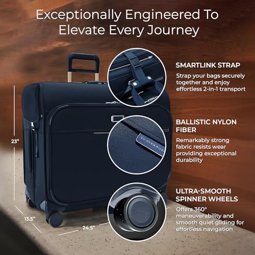 Briggs & Riley Deluxe Wardrobe Spinner - Checked Luggage for Travel, Suitcases with Wheels, Softside Rolling Bag for Men & Women, Built in Hook for Clothes - Baseline Collection, Navy