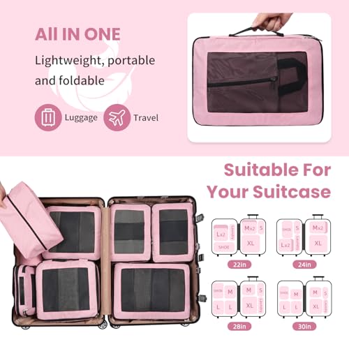 Prezon Compression Packing Cubes for Travel, Lightweight Vacation Travel Essentials, Travel Accessories for Suitcase Organizer Bags Set, Durable Luggage Organizer, 8 set, squre mesh, Rose Pink