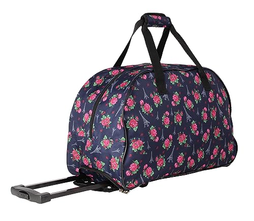 Betsey Johnson Designer Carry On Luggage Collection - Lightweight Pattern 22 Inch Duffel Bag- Weekender Overnight Business Travel Suitcase with 2- Rolling Wheels (Eiffel Towers)