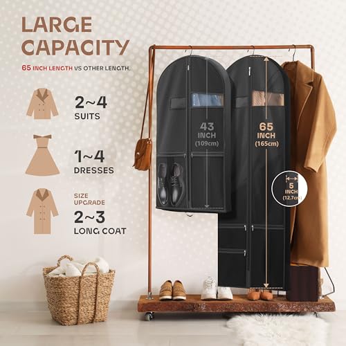 Lazebox 65" Travel Garment Bag with Accessories Zipper Pocket, Heavy Duty Suit Bag for Suits, Tuxedos, Dresses, Coats, Black, 1 pack
