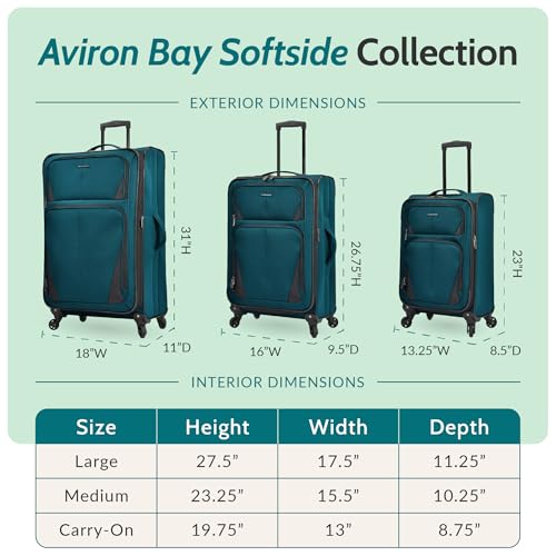 U.S. Traveler Aviron Bay Expandable Softside Luggage with Spinner Wheels, Teal, 3-Piece Set
