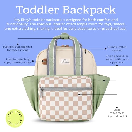 Itzy Ritzy Toddler Backpack - Daycare Bag - Features Adjustable Shoulder Straps, 2 Side Pockets & Spacious Interior with Wipeable Fabric Lining & Name Label, Checkerboard Backpack