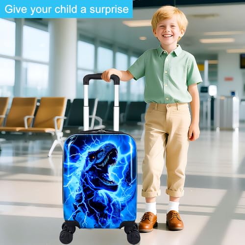 5PCS Kids Carry on Luggage Set, Airline-Approved Suitcases with 360° Spinner Wheels, Cute Travel Suitcase for Boys & Toddlers - Lightning T-Rex Blue