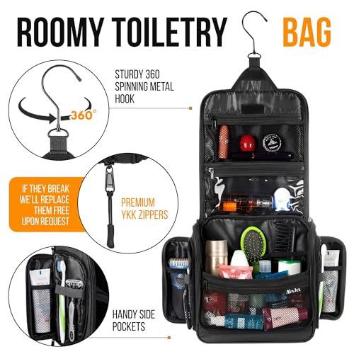 AvaJex Travel Toiletry Bag for Men - Large Dopp Kit (10.6"x10.6"x3.2") - Hanging Waterproof Mens Hygiene Organizer Bag with XXL Metal Swivel Hook, Sturdy Zippers and 19 Compartments for Toiletries