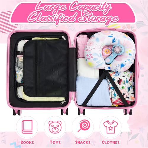 Sanwuta 4 Pcs Kids Luggage Set Carry On Rolling Suitcase Backpack Neck Pillow Travel Set Gift for Girls Boys Summer Camp(18 Inch,Flower Style,Pink Green)
