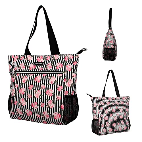 Betsey Johnson 15.6 Inch Zipper Beach Tote Bag Lightweight Large Durable Polyester with Mesh Side Pockets for Gym Work, Stripe Roses