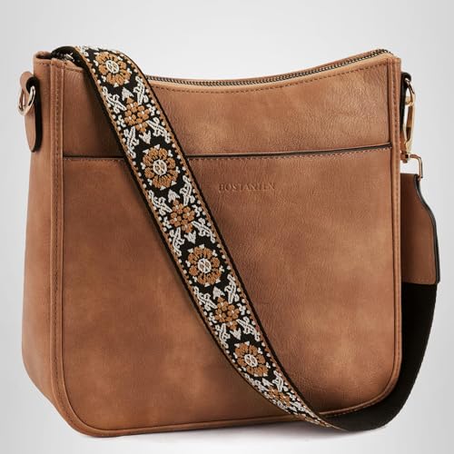 BOSTANTEN Crossbody Bags for Women Trendy Vegan Leather Hobo Purses Shoulder Handbags With Wide Shoulder Strap Brown