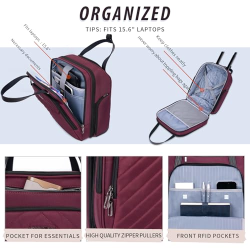 VANKEAN Carry On Underseat 16-inch Multi-functional Underseater Lightweight Overnight Suitcase with Wheels, Roller Case for Men Women Travel Business, Burgundy