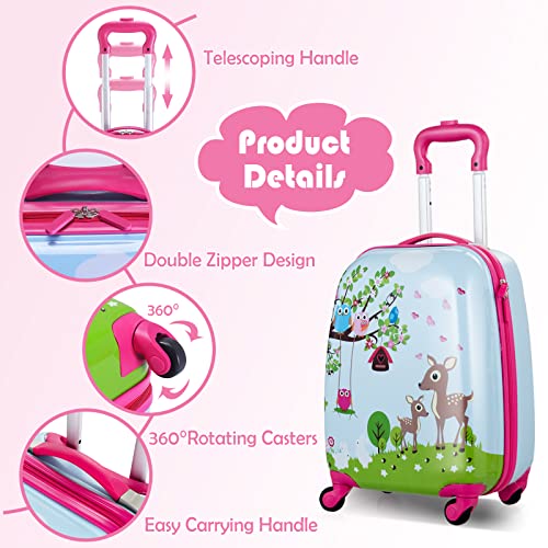 BABY JOY 2 PC Kids Luggage, 16" Toddlers Carry-on Suitcase & 12” Backpack Set, Children Travelling Case w/ 4 Casters & Retractable Handle, Lightweight Trolley Case for Boys & Girls (Deer)