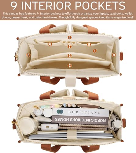 Canvas Tote Bag for Women, 15-Pocket Large Crossbody Purse Shoulder Satchel Handbag Bible Laptop Bag Zipper Bookbag for Teacher Nurse Work Travel College Everyday