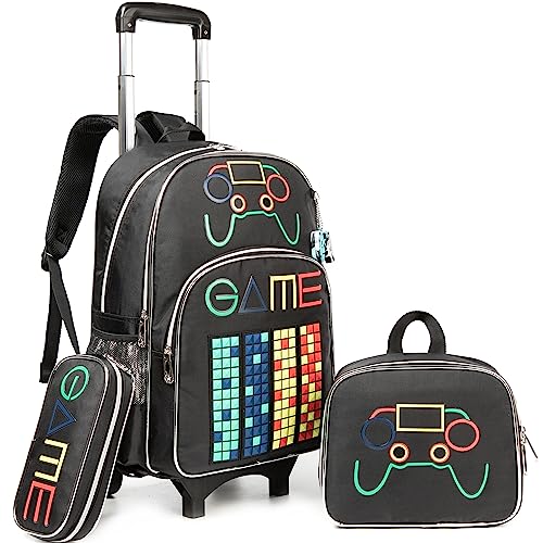 Meetbelify Backpack with Wheels for Boys Rolling Backpack Kids School Bag with Lunch Box Set for Elementary Student Travel Suitcase Laptop Luggage for Boys Age 6-8