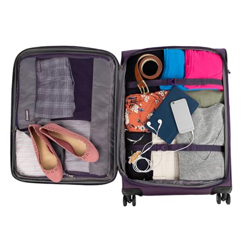 Travelpro Tourlite Softside 25" Expandable Luggage with 4 Spinner Wheels, Lightweight Suitcase, Checked Medium, Deep Purple