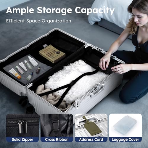 ALPHA CAMP Trunk Luggage, Large 28 Inch Thickened Aluminum Frame Luggage with TSA Spinner Wheels, 3-Layer PC Hardside Zipperless Travel Suitcase, Type-C USB Charging Port, Cup Holder,Silver