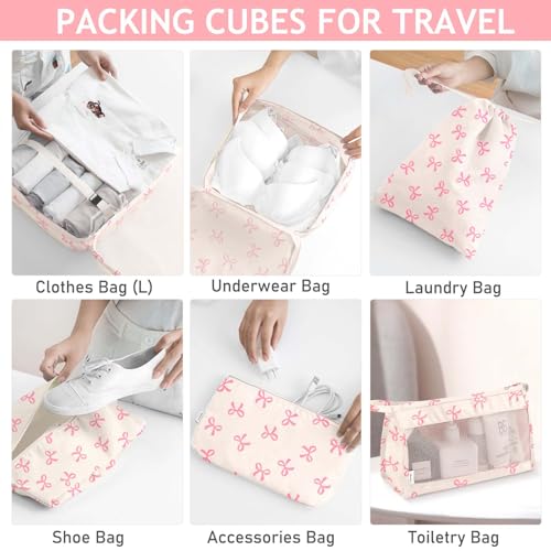 KPX 8 Set Packing Cubes for Travel, Luggage Packing Organizers Accessories Large Toiletries Bag for Clothes Shoes Cosmetics (8Set-Pink Bow)