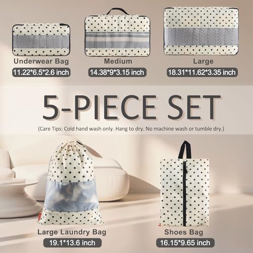 U+U 5 Set Packing Cubes for Travel Essentials Ultralight Luggage Packing Organizers with Laundry Bag and Shoe Bag for Vacation, Business Trip and Camping (Polka Dot)