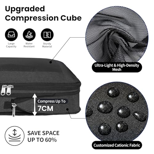 Prezon Compression Packing Cubes for Travel, Lightweight Vacation Travel Essentials, Travel Accessories for Suitcase Organizer Bags Set, Durable Luggage Organizer, 8 set, squre mesh, black