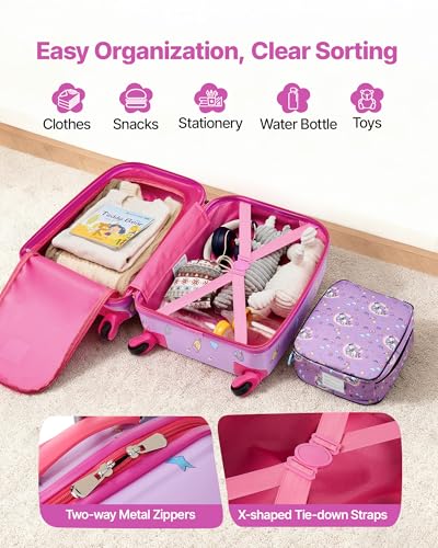 VEVOR Kids Luggage Set, 5 Piece, 18 Inch Hardside Rolling Wheels Suitcase with Backpack & U-shape Pillow, Unicorn Kids Carry on Luggage Set, Holiday Birthday Gift for Girls Boys, Airline Approved