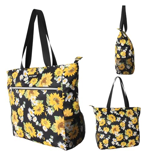 Betsey Johnson 15.6 Inch Zipper Beach Tote Bag with Cosmetic Pouch Lightweight Large Durable Polyester with Mesh Side Pockets for Gym Work, Sunflowers