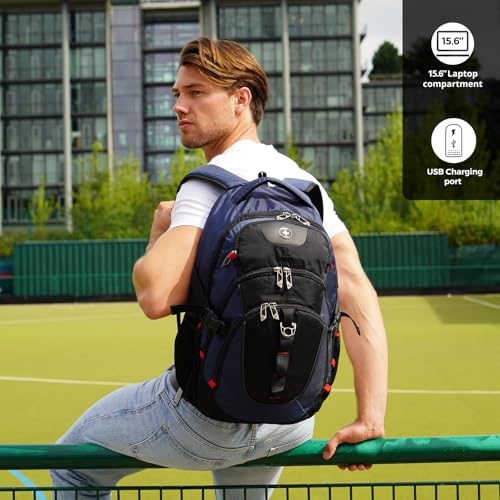 Swissdigital Design Laptop Backpack with USB Charging Port, Travel Backpack Fits 15.6 inches Computer, 31L College School Backpack for Men, Blue/Black | SD803-12