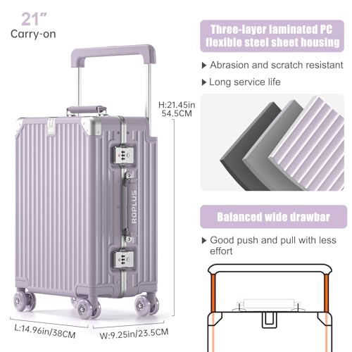 ROPLUS Aluminium Frame Checked-Luggage with Smooth Jelly Wheels, Hardside Zipperless Rolling Suitcase with TSA Lock (Purple, 21-Inch)