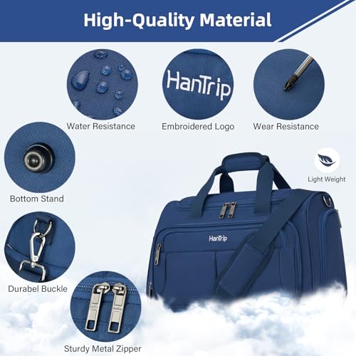 HanTrip Carry on Duffel Bag Foldable Duffle Bags for Travel, Under Seat Personal Item Bags for Airplanes, Weekender Overnight Mens Travel Tote Bag for Women Small Softside Carry on Luggage (Blue)