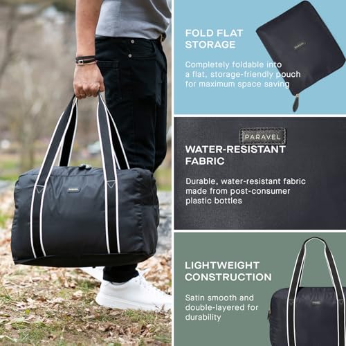 Foldable Duffle Bag for Travel | Lightweight, Water-Resistant Carry On Bag | Sustainable and Durable Nylon, Derby Black