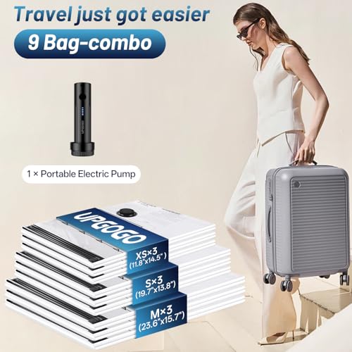 UPGOGO Travel Vacuum Bags for Luggage with Portable Electric Pump,Vacuum Seal Bags for Clothing,Packing Cubes Compression,Cruise Ship and Travel Essentials(Combo 9 Pack)