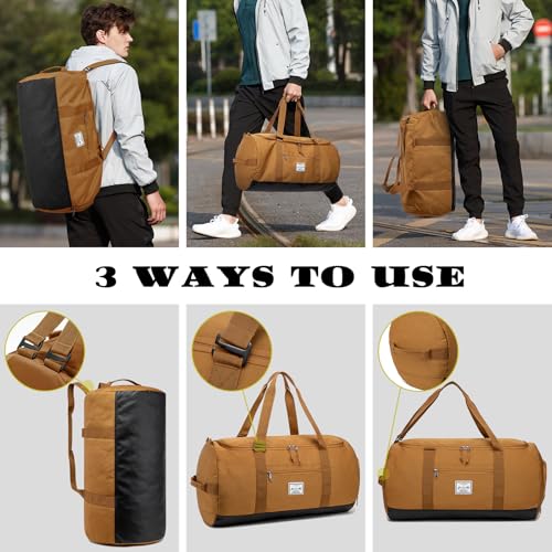 Lyweem Travel Duffle Bag for Men 60L Medium Lightweight Sports Gym Bag Traveling Duffel Backpack for Women Weekender Overnight Bags with Shoes Compartment, Brown