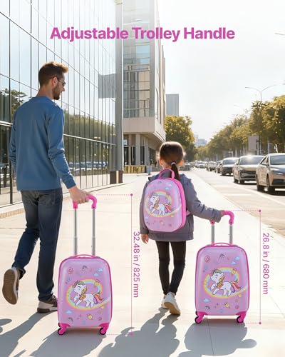 VEVOR Kids Luggage Set, 2 Piece, 18 Inch Hardside Rolling Wheels Suitcase with Hard-Shell Backpack, Unicorn Kids Carry on Luggage Set, Holiday Birthday Gift for Girls & Boys, Airline Approved