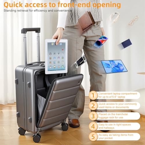 20-Inch Carry-On Luggage with USB Port – ABS+PC Hard Shell Suitcase TSA Lock 360° Spinner Wheels – Lightweight Travel Trolley with Cup Holder & Side Hooks for Business Trips, Airports & Weekend