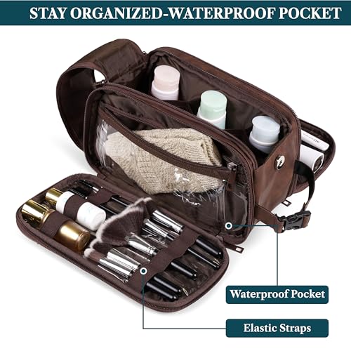 PAVILIA Toiletry Bag for Men, Hanging Travel Dopp Kit Organizer, PU Leather Water Resistant Bathroom Bag for Shaving Grooming, Large Capacity Cosmetic Bag Travel Essentials, Dark Brown