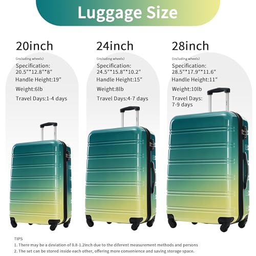 Merax Luggage Sets 3 Piece, Hardside Expandable Suitcase Set with Spinner Wheels, Lightweight Gradient Color Luggage 20+24+28 IN,Green+Yellow