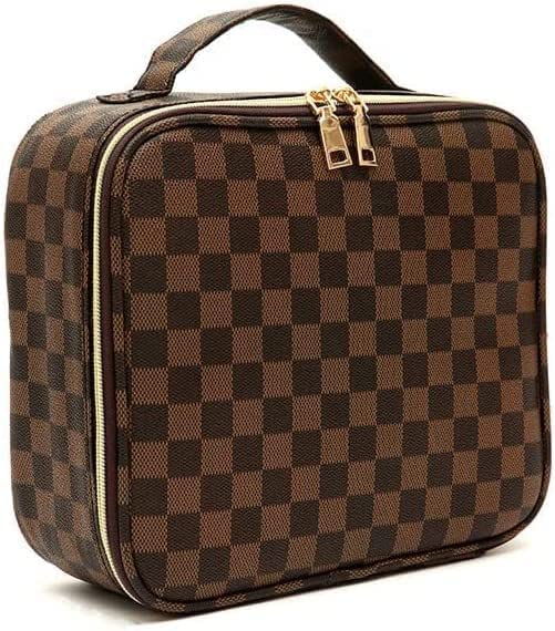 LEAFFUP Checkered Makeup Bag, Portable Makeup Bag with Adjustable Partition, Cosmetic Bags for Women Toiletry Travel Organizer Portable Make Up Bags for Christmas Birthday Gifts