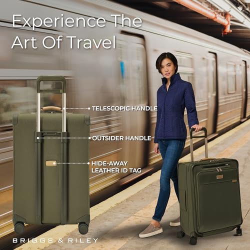 Briggs & Riley 26" Medium Expandable Spinner - Checked Luggage for Travel, Suitcases with Wheels, Softside Rolling Bag for Men & Women, Self-Repairing Zipper - Baseline Collection, Olive