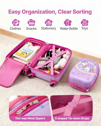 VEVOR Kids Luggage Set, 2 Piece, 18 Inch Hardside Rolling Wheels Suitcase with Hard-Shell Backpack, Unicorn Kids Carry on Luggage Set, Holiday Birthday Gift for Girls & Boys, Airline Approved