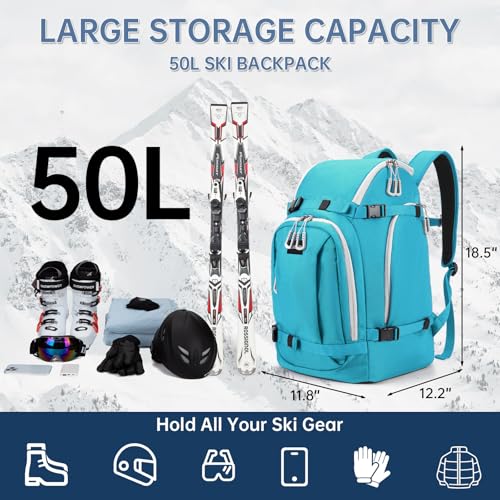 MIGGEEY Ski Boot Bag, 50L Ski Boot Travel Backpack for Skis, Snowboard & Accessories, Waterproof Padded Ski Boot Bag Backpack