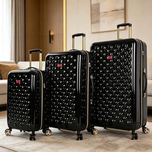 Betsey Johnson Luggage Hardside 3 Piece Set Suitcase With Spinner Wheels (20" 26" 30") (One Size, Flamingo Strut)… (Heart to Heart Black - 2)